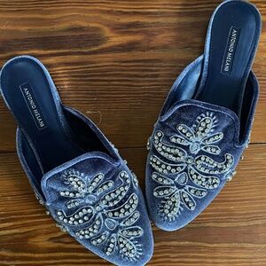 Luxurious plum velvet slides with rhinestones